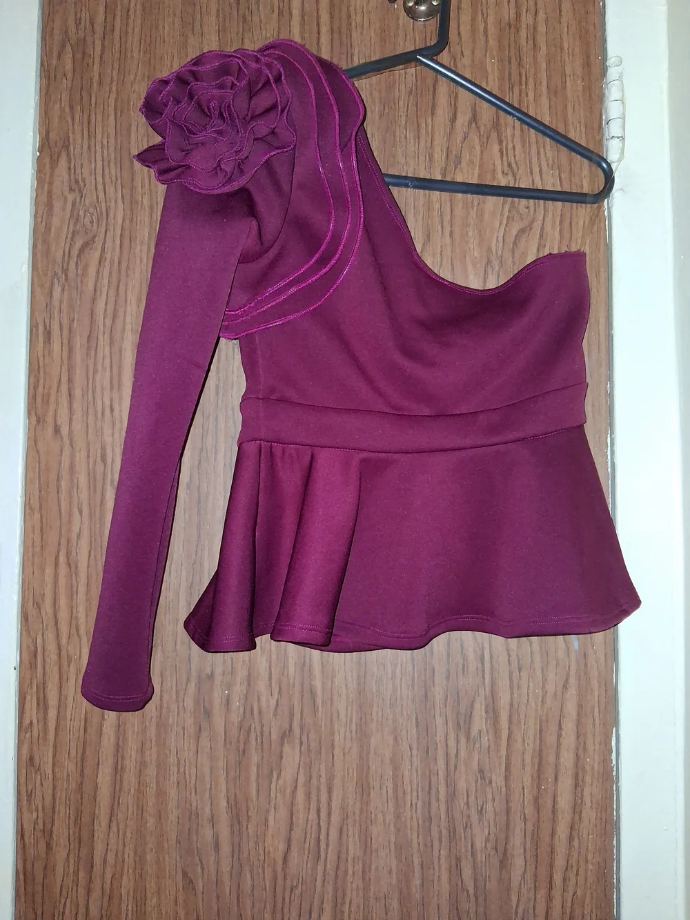 Fashion Nova Burgundy Asymmetrical Peplum Dress with Ruffle Shoulder